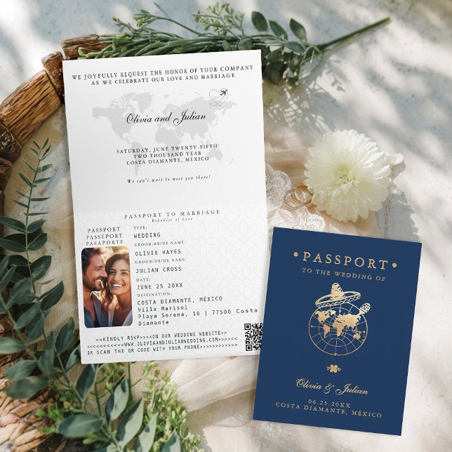 Invitation Passeport Faux Or Marine Mariage Mexique Destinati (passport wedding invitation card destination getaway navy faux gold mexico sombrero monograms folded)