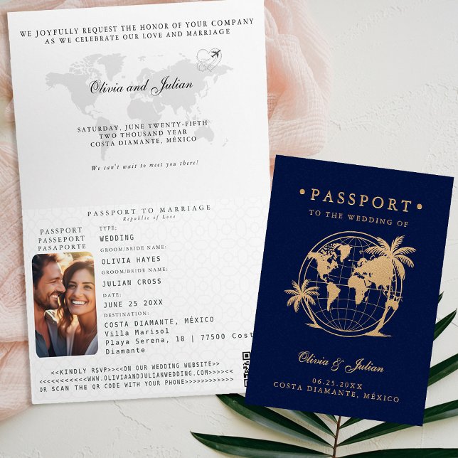 Invitation Passeport Globe Palmier Destination Mariage Tropic (passport wedding invitation card destination getaway tropical beach palm navy faux gold monograms)