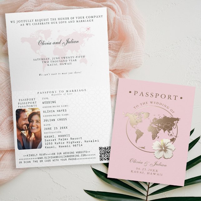 Invitation Passeport Hibiscus Destination Tropicale Mariage (passport wedding invitation card destination getaway tropical hawaii pink gold hibiscus floral)