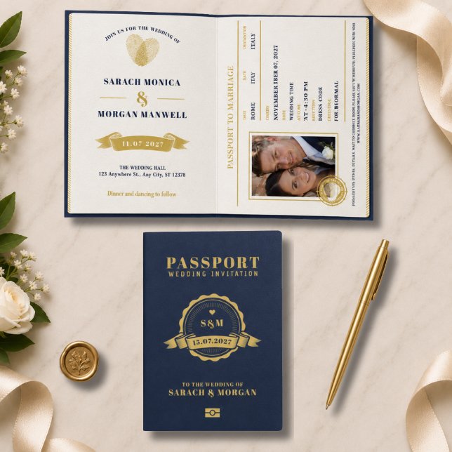 Invitation Passeport Mariage de Destination Monogramme Bleu N (Passport Destination Wedding monogram name initial bride groom travel Invitation couple photo heart )