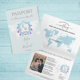 Invitation Passeport mariage Dusty Blue Crest Monogramme