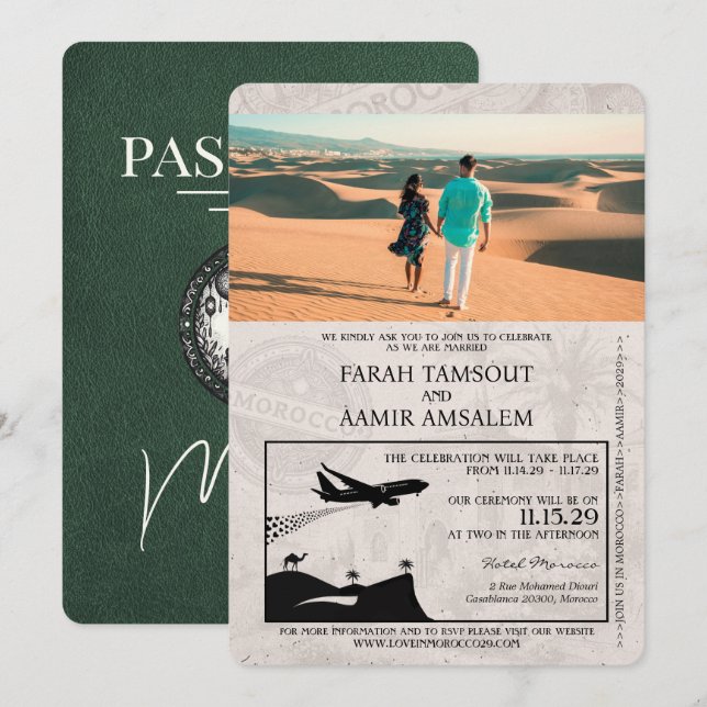 Invitation Passeport Mariage Maroc Vert (Devant / Derrière)