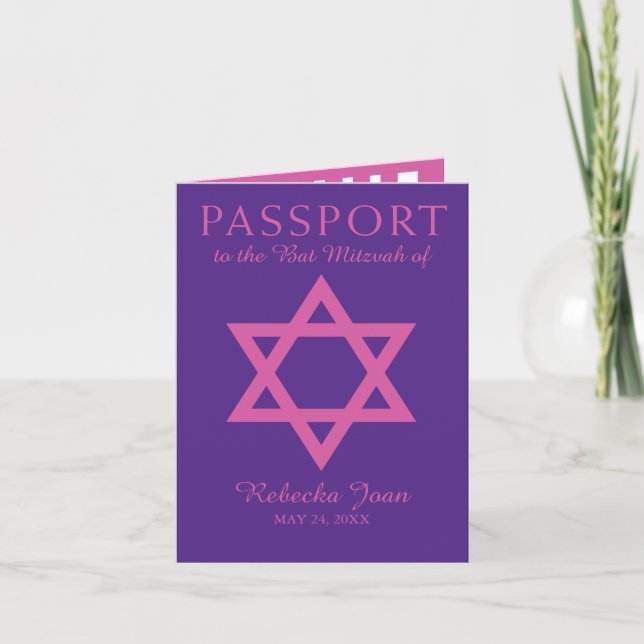 Invitation Passeport pourpre et rose de bat mitzvah d'étoile (Devant)