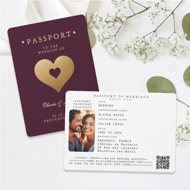 Invitation Passeport Red Faux Gold Hearts Destination Mariage (passport wedding invitation card destination getaway burgundy red faux gold hearts modern classy)