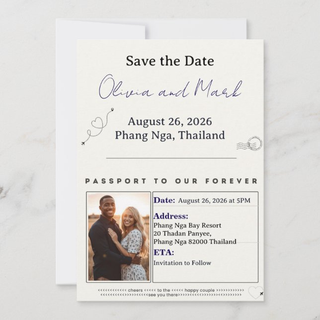 Invitation Passeport Save the Date – Bleu marine et or | Dest (Devant)