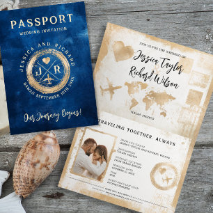 Invitation Passport Mariage Marine Blue Gold Vintage