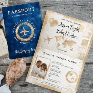 Invitation Passport Mariage Marine Blue Gold Vintage