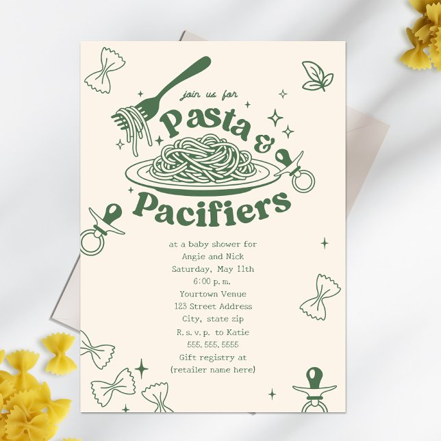 Invitation Pasta & Pacifiers Doodle Vert Neutre Baby Shower (Créateur téléchargé)