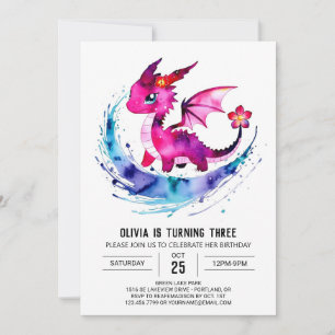 Invitation Pastel Adorable Dragon Digital Girl Anniversaire