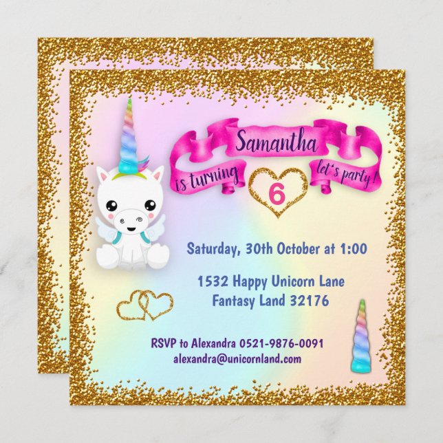 Invitation Pastel and Gold Parties scintillant Unicorne Anniv (Devant / Derrière)