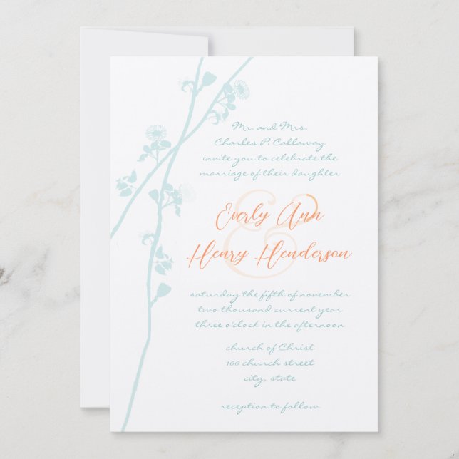 Invitation Pastel Aqua Blue Blush Coral Flower Wedding Invite (Devant)