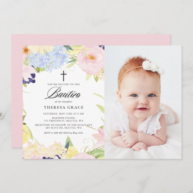 Invitation Pastel Aquarelle Cadre Floral Photo Bautizo (Devant / Derrière)