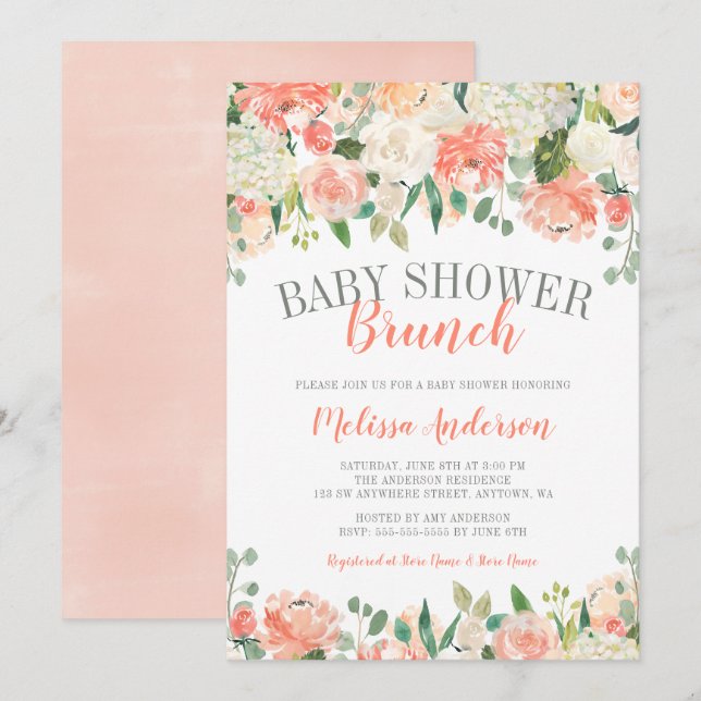 Invitation Pastel Aquarelle Fleur Brunch Baby shower Invitati (Devant / Derrière)
