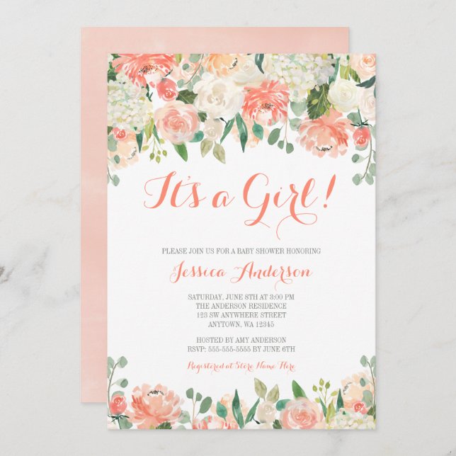 Invitation Pastel Aquarelle Fleurs Baby shower fille (Devant / Derrière)