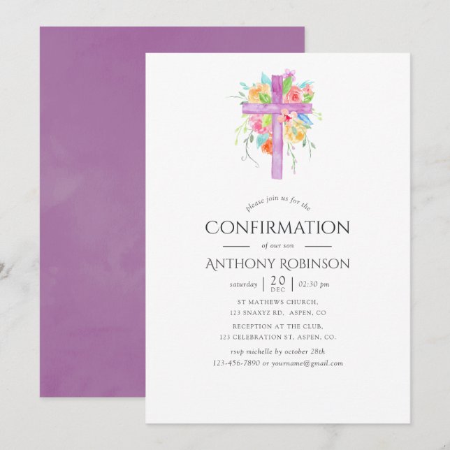 Invitation Pastel Aquarelle Floral Boy Confirmation (Devant / Derrière)