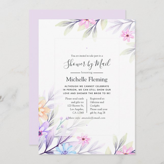 Invitation Pastel Aquarelle Floral Douche par Mail (Devant / Derrière)