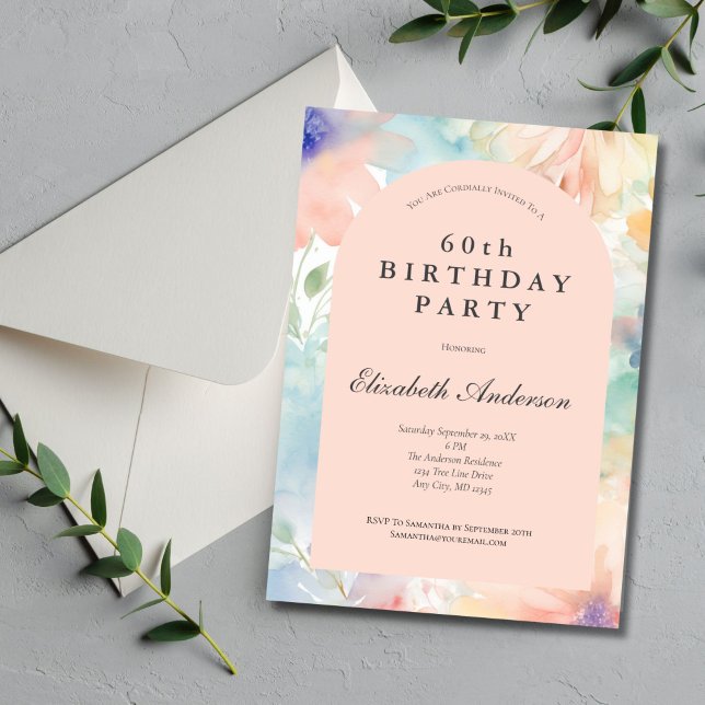 Invitation Pastel Aquarelle Floral Rose Moderne 60e Anniversa (Pastel Watercolor Floral Pink 60th Birthday invitation for her. Can be used for other ages also.)