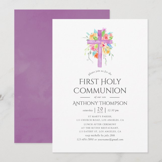 Invitation Pastel Aquarelle Florale Première Sainte Communion (Devant / Derrière)