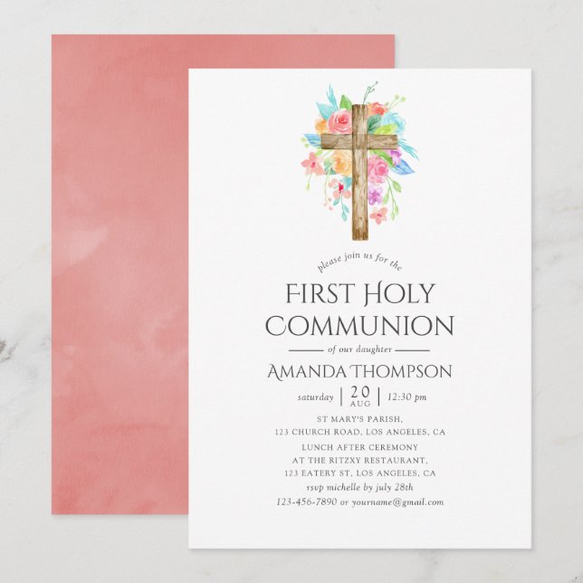 Invitation Pastel Aquarelle Florale Première Sainte Communion (Devant / Derrière)