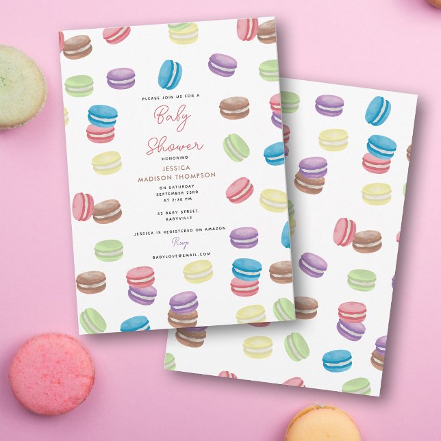 Invitation Pastel Aquarelle Français Macarons Baby shower (Pastel Watercolor French Macarons Baby Shower Invitation)