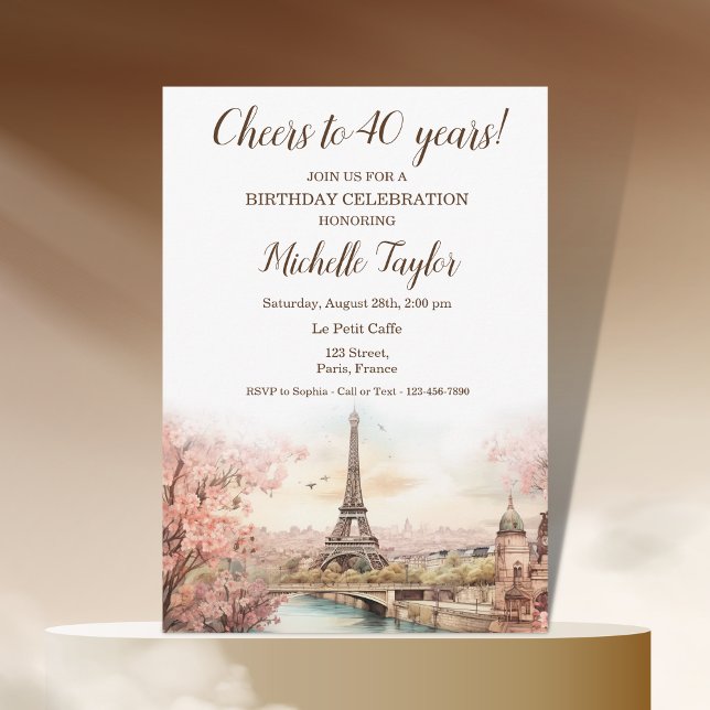 Invitation Pastel Aquarelle Paris Tour Eiffel 40. Anniversair (paris watercolor blush pink flowers spring
)