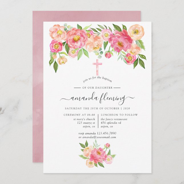 Invitation Pastel Aquarelle Peonies Baptême ou Christening (Devant / Derrière)