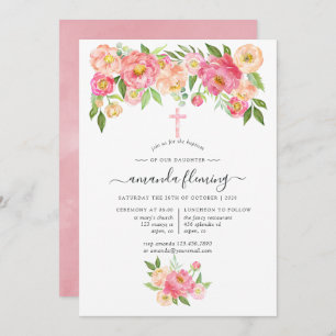 Invitation Pastel Aquarelle Peonies Baptême ou Christening