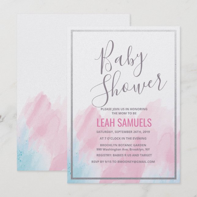 Invitation pastel aquarelle pour Baby Shower (Devant / Derrière)