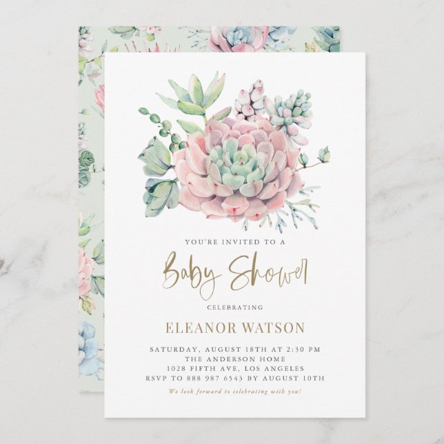 Invitation Pastel Aquarelle Succulents Baby shower fille (Devant / Derrière)