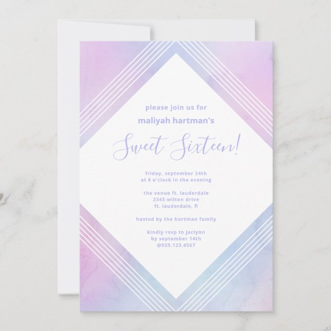Invitation Pastel Aquarelle Sweet sixteen Anniversaire violet (Devant)