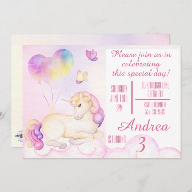 Invitation Pastel Aquarelle Unicorne et Ballons Anniversaire (Devant / Derrière)