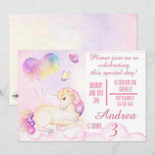 Invitation Pastel Aquarelle Unicorne et Ballons Anniversaire