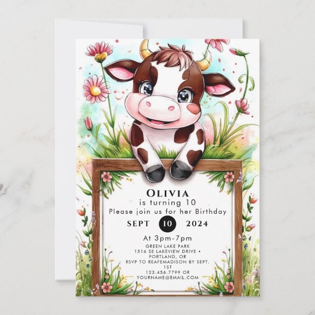 Invitation Pastel Aquarelle Vache Anniversaire (Devant)