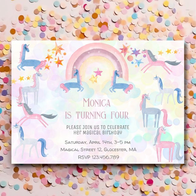 Invitation Pastel arc-en-ciel aquarelle licorne anniversaire  (Créateur téléchargé)