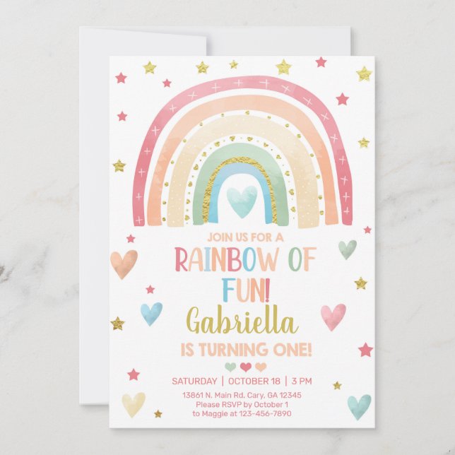 Invitation Pastel arc-en-ciel fille 1er anniversaire invitati (Devant)