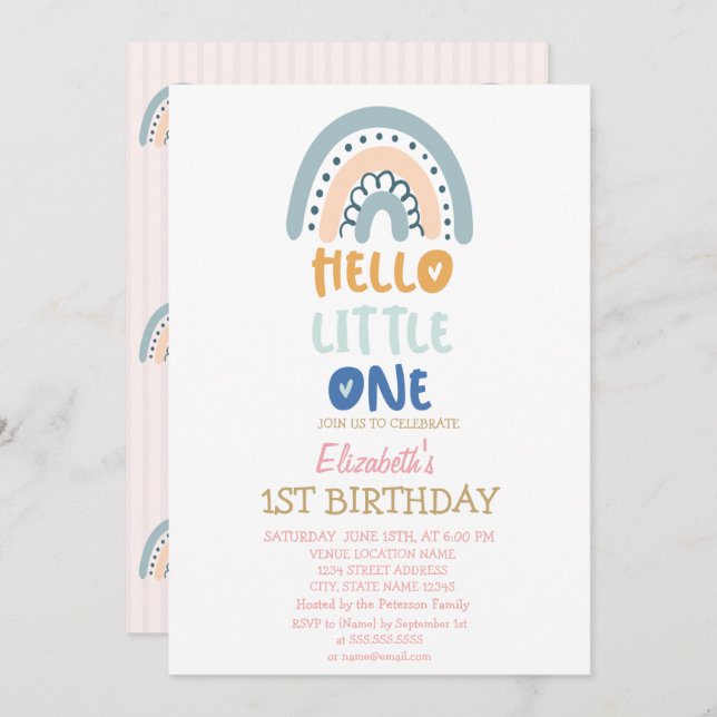 Invitation Pastel Arc-en-ciel rayé Hello Little One Birthday (Devant / Derrière)
