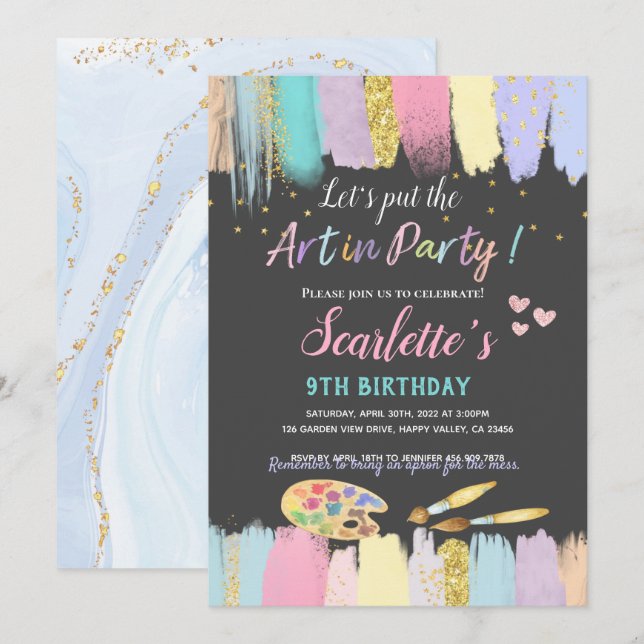 Invitation Pastel Art Peinture Party Fille Anniversaire Invit (Devant / Derrière)