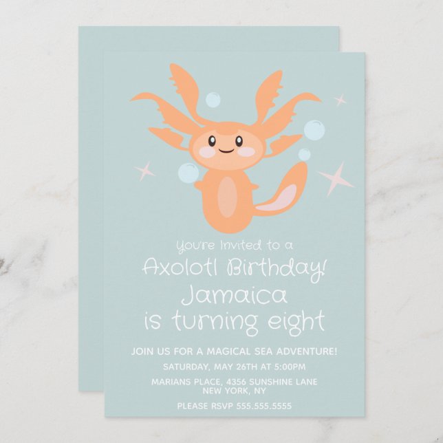 Invitation Pastel Axolotl Océan Créature Anniversaire (Devant / Derrière)