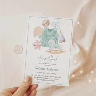 Invitation Pastel Baby Girl Douche avec Robe Bleue Douce