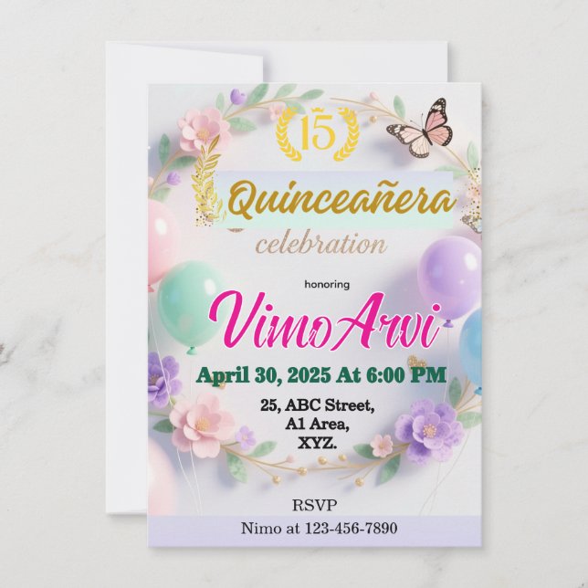 Invitation Pastel Balloons and Butterflies Quinceañera  (Devant)