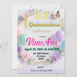 Invitation Pastel Balloons and Butterfly Quinceañera birthday
