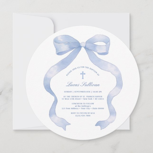 Invitation Pastel Baptême Bleu Bow (Devant)