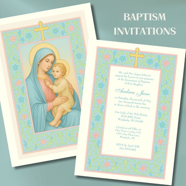 Invitation Pastel Baptême Marie et Jésus Floral (Créateur téléchargé)
