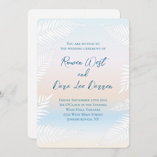Invitation Pastel Beach Sunset Tropical Palm Leaf Wedding (Devant / Derrière)