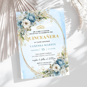 Invitation Pastel Bleu Doré Élégant Eucalyptus Quince 15