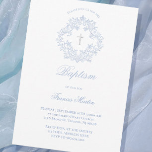 Invitation pastel bleu élégant crête bébé garçon Baptême