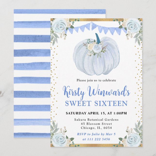 Invitation Pastel Bleu et Or Fleur Pompier Automne Douce 16 (Devant / Derrière)