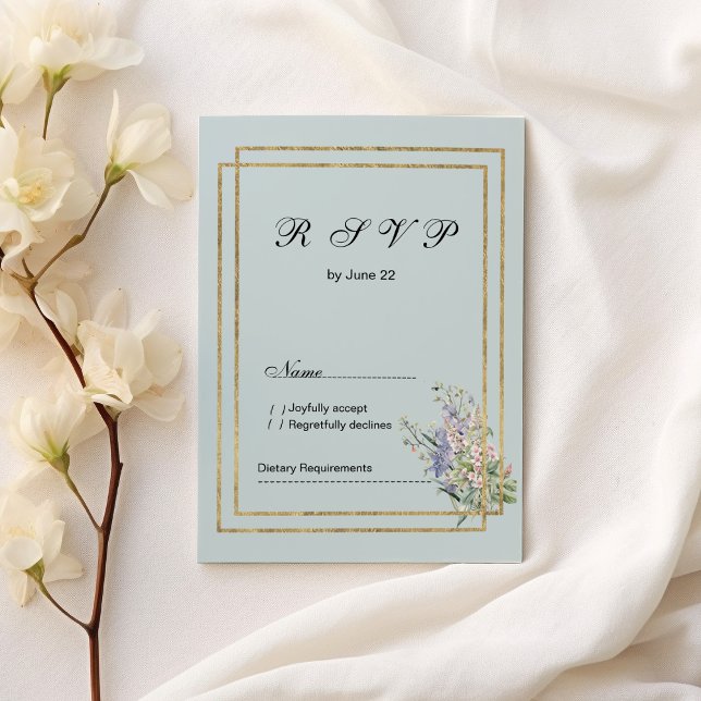 Invitation Pastel bleu et or lavande rose floral RSVP (Pastel blue and gold lavender pink floral RSVP )