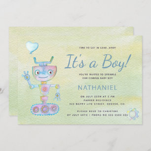 Invitation Pastel bleu mignon robot c'est un baby shower garç