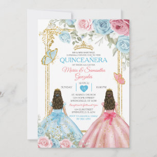 Invitation Pastel Bleu Papillon rose Floral Or Quinceañera